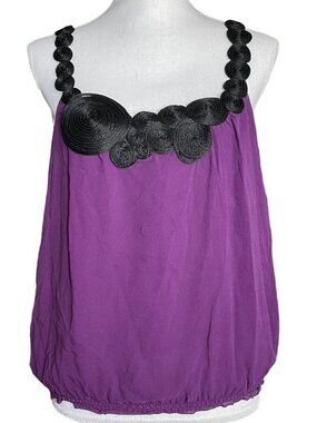 100% Silk Y2K Swirl Cami EUC L Crepe Spaghetti Strap Applique Banded Hem